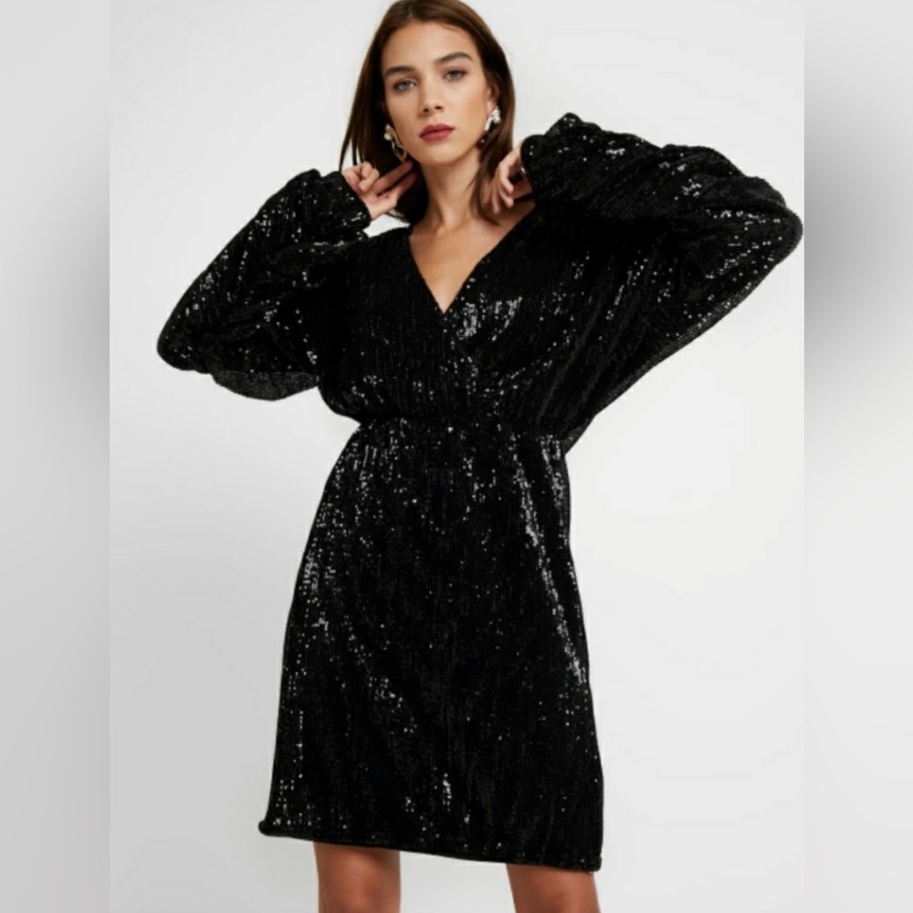 NA-KD Black Sequin Mini Dress Balloon Sleeve V Neck Party Dress M US 8